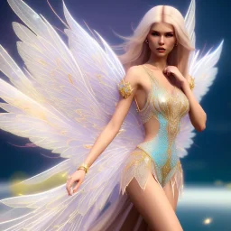 beautiful blonde fairy in a galactic ambiance, transparent wings, delicate colors, finely tuned detail, ultra high definition, 8 k, unreal engine 5, ultra sharp focus