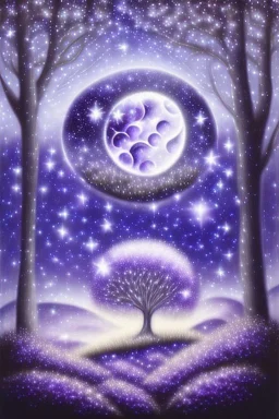 a background of softly blended blues, greys, silvers, purples, and whites with distant, twinkling stars in the sky, an a spherical serene moon, casting a soft glow of light on a foreground of a field of various flowers surrounding a tree of life