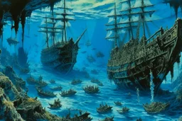 A dark blue underwater abyss with wrecked pirate ships designed in Japanese Oni masks painted by Claude Monet