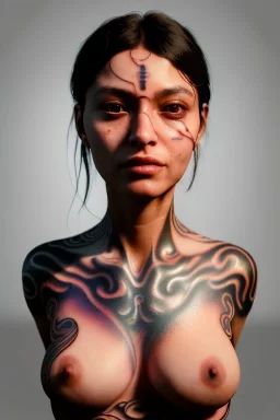 Ultra Realistic image, 38 years old Spanish woman, portrait, small complexion, natural small busty, traditional Japanese body tattoo, jakuza style, vibrant color, highly detailed, art stations, concept art, smooth, unreal engine 5, god rays, ray tracing, RTX, lumen lighting, ultra detail, volumetric lighting.