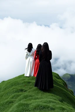 a group of women standing on top of a lush green hillside, inspired by Ren Hang, design milk, long black hair, whites, wanderers traveling from afar, trending on artisation, cloning spell, coat pleats, in twin peaks, submarine, by Helen Thomas Dranga, symetry, round-cropped, noire photo