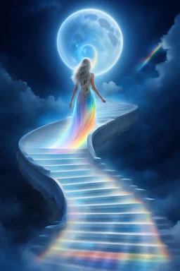 fantastic,Beautiful woman, stairway to heaven whit rainbow, ufos futuriste tres beau