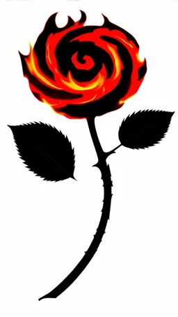 a fire with dark embers and the flames spiral outward like petals to make the shape of a rose flower(red) , black and red on white background