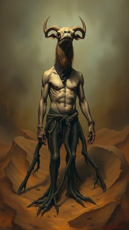 Bosch painting style nightmare, a man with legs looks like tree roots , and head looks like camel head, in the desert sands , dramatic sad scene, fantasy, scary.
