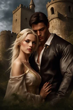 A photo realistic portrait of a stunning blonde girl and muscular dark haired man in a lovers embrace standing in front of a medieval castle