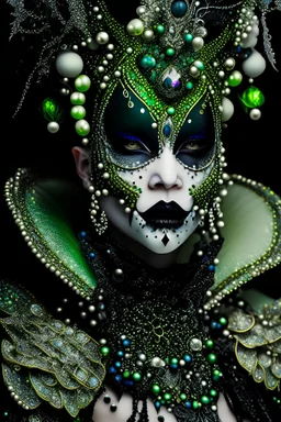 Beautiful Court Jester portrait adorned with bioluminescence colorful gradient headdress, front wiev adorned with bioluminescence sparkling gold and green colour rennaisance style black and white and sparkling silver dust pearls, beads and black diamond clothing , and face makeup black florwers, organic bio spinal ribbed detail of detailed creativese rennaisance ornate white colour florwers detailed full rd rendered flowers background, extremely detailed hyperrealistic maximálist conce