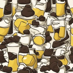 Illustration of Choccy Milk, white background, main colors are black and yellow, single developer, cartoon, minimalistic