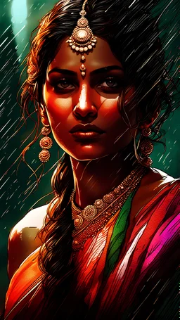 An indian beautiful supermodel in saree, rain, dawn, by Greg Rutkowski and Russ Mills, head and shoulders portrait, 8k resolution concept art portrait by Greg Rutkowski, Artgerm, WLOP, Alphonse Mucha dynamic lighting hyperdetailed intricately detailed Splash art trending on Artstation triadic colors Unreal Engine 5 volumetric lighting