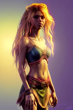 Shakira, artist, 30 years old, Realistic image, waist up portrait, etro style dress. Blonde, feathers, loose long hair, eyes make up, perfect, glow, circle iris. Neon colors, leds, geometric shapes. Dark background, photo studio, neon lights. Cyberpunk, concept art, smooth, unreal engine 5, god lights, ray tracing, RTX, lumen lighting, ultra detail, volumetric lighting, 3d, finely drawn, high definition, 4k.