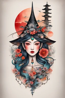 Create a captivating modern 2d colorfull ink tattoo design for print , prestigious Witch using the elegant influences of japan art style, for print, dynamic elements from fashion and design, and bold Japanese contemporary art aesthetics, framing centered in the center, distanced from the edges of the paper perimeter, perfect anatomy, bauhaus, Divine Proportion,
