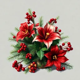 art by cheryl griesbach,carne griffith,anna digital painting, oilpainting, alcohol and ink, full seen isolated from a simple gray background, centered a christmas stilllife arrangement, red, porclain, green spruce branches,amaryllis flower, hollys,gold berries,3d,gold, exclusiv,glamorous,