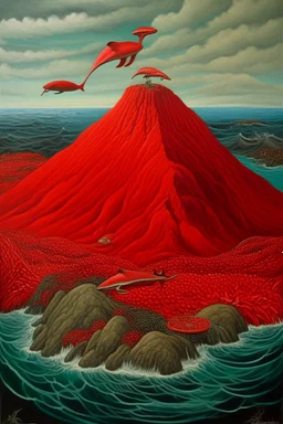 A red volcanic island with dolphins painted by Peter Carl Faberge