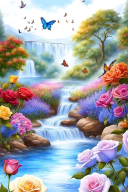 Trés belles roses, rainbows, beautiful colors gardens , flowers, cascades,Birds, butterfly