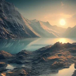 highly detailed glacial lake landscape, sunset, illustration, cinematic lighting, 4k, 8k, octane render, digital concept art, trending on artstation, pinterest, extremely detailed, ambient lighting.