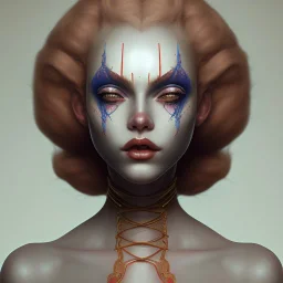 clown girl, smooth soft skin, symmetrical, soft lighting, detailed face, concept art, digital painting, looking into camera