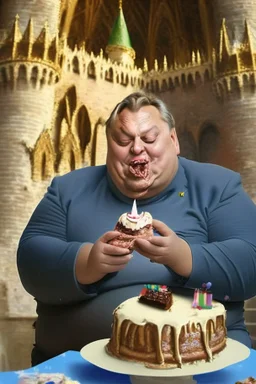 fat ugly viktor orban eating birthday cake in a castle