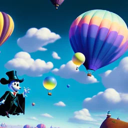 The Mouse and the Grim Reaper on balloon world, discussing the future of the universe, art by Pixar and Magritte