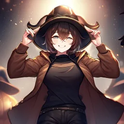 Clear focus, High resolution, short brown spiky hair, hair between eyes, eyes closed, wearing a brown detective hat, wearing a brown jacket and a black shirt, wearing black shorts, 1girl, pulling hat down, smiling, wearing a oversized hoodie