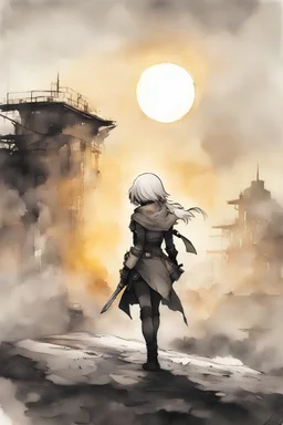 2B from NieR Automata. A soft-focus image of the golden sunset casting a warm glow, create in inkwash and watercolor, in the comic book art style of Mike Mignola, Bill Sienkiewicz and Jean Giraud Moebius, highly detailed, gritty textures,