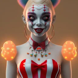 Ultra detailed very beautiful smileing cute clown girl,beautiful real skin, red nose, shallow of dept 3d, symmetrical, ultra detailed curl hair, accent lighting, ultra detailed face, concept art, circus,party, digital painting, octane render, art by artstation