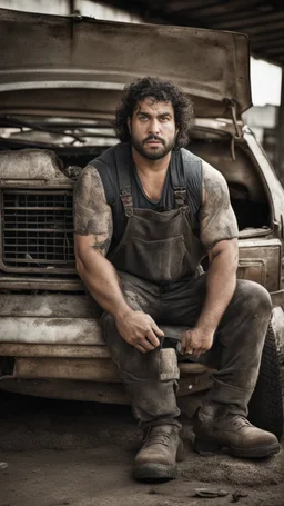 photography of a dirty burly chubby gipsy manly man serious repairing a car, , 36 years old, beefy, ugly , dirty curly hair, sweat, tattoo, with completely broken cotton pants, bulge, beard , angry eyes, bare-chested, huge belly, in industrial area, photorealistic, side light, view angle from low , ambient occlusion