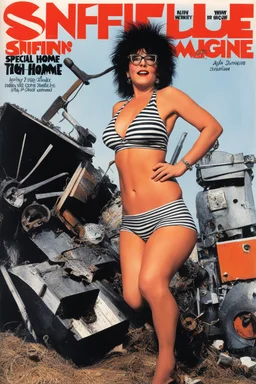 SNIFFIN’ GLUE magazine high res photo cover by Ralph Steadman: special issue #7832 (April 1983) on chainsaw to home DIY [tinkering and gardening at home], guest star: Wincey Willis, she is impressive, she stands in the junkyard a chainsaw in hand, in her striped revealing swimsuit