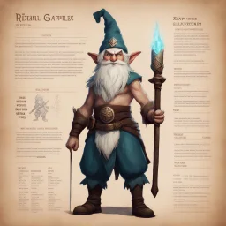 character concept sheet with AD&D statistics and characteristics, [vintage style noisy scratches glitches, Shot the texture and then rewound the film and double exposed the face] wizard woman gnome, shirtless, with a staff, focus on her best spell