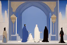 an open gothic_Arab gate in a blue-tiled wall with a view of an old city by artist "Beardsley",by artist "Rachman",by artist "Kay Nielson",by artist "Bertha Lum",by artist "Dulac",by artist "Erte"