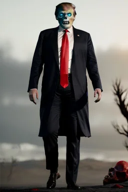 Ultra realistic image, Donald trump zombie, zombie performance, suit, skull, blood, torn arm, night, walking twisted, waist up view, thriller style, dark ambient, highly detailed, White House background, concept art, unreal engine 5, ray tracing, RTX, ultra detail, volumetric lighting, high definition, high resolution.