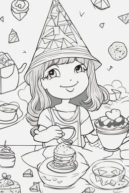 A little girl with a triangular party hat, enjoying a tea party with geometrically shaped cookies and cups. Use triangles for the hat, cookies, and other party decorations. very happy , Colloring page for todlliers ; basic hawali style cartoon , black and white , ink outlines , , smooth , anime style , minimalist , cute eyes , full body , white shose , sketchbook , realistic sketch , free lines , on paper , character sheet , clean line art high detailed