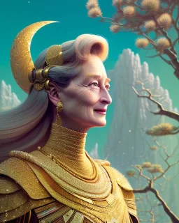 beautiful illustration of merryl streep in the mountains, in the style victo ngai and sam guay and abigail larson and moebius, rim light, vibrant moody colors, plain background, soft lighting, unreal engine