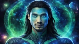 beautiful gorgeous young man na'vi with long hair, Avatar, blue skin, two small ears, green eyes, black hair, in cosmic suit, galactic ambiance, medium pointy goatee , smiling, nebulas and sacred geometry light figures on the backgroud,