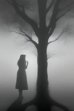 The Illusion of being in love , a shadow by the tree of sadness in the mist