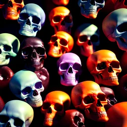 a picture of a dark, comedic, anatomically correct wall of colorful tightly packed stacked skulls of varying sizes and expressions, photo realistic, insanely meticulous, highly detailed, part of a collection of bones on display, 64k, dystopian, vray