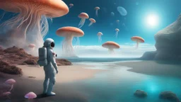 woman in a spacesuit, on the shores of an alien world, with mushrooms, with jellyfish tentacles floating in the air, photorealistic, Detailed Matte Painting, Deep Colour, Fantastical, Intricate Detail, sunshine, blue sky