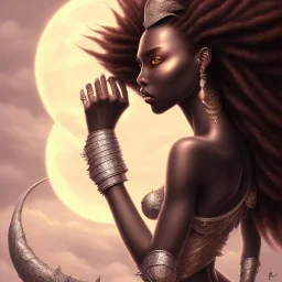 sango fantasy, fantasy magic, intricate, sharp focus, illustration, highly detailed, digital painting, concept art, matte, masterpiece head sexy African beauty black afro hair space lady silver beach sunset