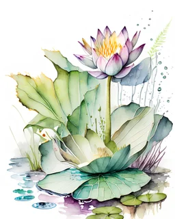 a hand-drawn watercolor painting of a waterlily and a few different aquatic plants, with a splash of mixed colors on a white background, sharp detail