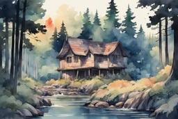 retro anime style, full color, dark serious 1980s anime style, A cottage in the forest near a river, watercolor, forest,