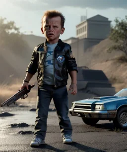 The Terminator toddler, shotgun, full body, dramatic lighting, angry, hyper realistic