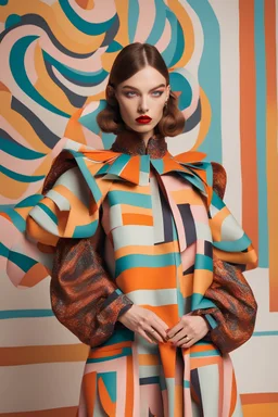 Fashion model full view in a colorful costume at milan fashion week show, in the style of retro grotesque, kawaii aesthetic, pop inspo, inspired by 50s ::9 Fashion photography, fabric print Gareth Pugh Style, oversized portraits, multi – layered, terracotta