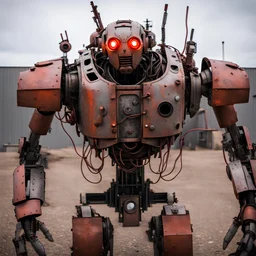 trash mech suit, human-sized, made of scrap metal, cockpit, light rust, round, one red glowing eye, loose wires escape hatch