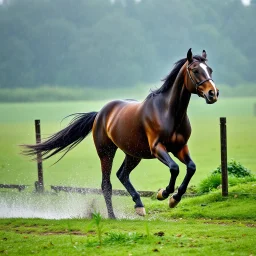 Horse running in the rain