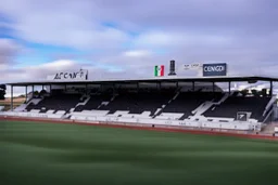 White neon light spells out work "ACF", stadium in Alentejo from Portugal, Shot on Canon EOS R5, 50mm lens, depth of field, shutter speed 1/ 1000, f/ 2. 8, white balance, 6000k. High resolution, realistic details, HDR efects, film grain, 4K. –ar 16: 10 –