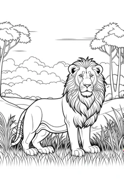 Feature a lion, in a savannah setting, with a few acacia trees, clean line art, white background, no shadows, black and white coloring book.