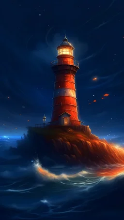 On a starry night by the seaside, a towering lighthouse stands against the dark horizon, its beacon transformed into a vibrant cascade of fiery hues, Intricate, renderdetailed, high-resolution, highfantasy, perfect composition, digital art