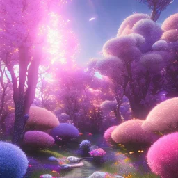 astronave luminosa, cristalli luminosi, SWANN, fiori, alberi in fiore, cielo rosa blu, pieno di dettagli, sole liscio e luminoso ， atmosfera di luce soffusa, effetto luce ， vaporwave colorato, concept art, dettaglio liscio ed estremamente nitido, dettagli finemente sintonizzati, altissima definizione, 8 k, motore irreale 5, messa a fuoco ultra nitida