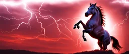 full silhouette of a horse rearing up(on left side, outlined by lighting), red sky, lightning bolts(wide from top right to bottom left), speed force