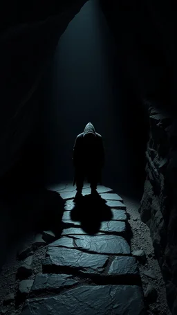 A hooded creature shadow standing on a narrow black stone path above the ground in a cave