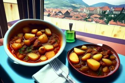 a good garlic Brasov stew with potatoes and a glass of chilled wine in a hospital room in sunshine