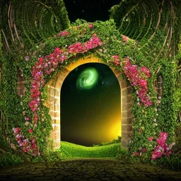 An intricate, elaborate open stone arch covered with vines and flowers to the Galaxy, milkyway, planets, beautiful, stunning, intricate, ultra-fine detail, 8k, ornate, sharp, crisp, high-quality, 3d, realistic, digital art,